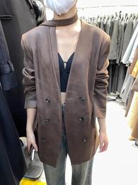 Women's Jackets Syeaseam Korean Fashion 2023 Autumn Style V-neck Vintage Jacket Double Breasted Loose Fit Top Female Clothing