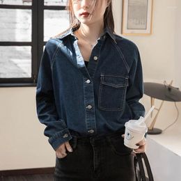 Women's Blouses 2023 Spring/summer Korean Fashion Button Vintage Blue Denim Women Casual Long Sleeve Shirt Z037