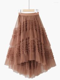 Skirts Layers Tiered Tutu Tulle Skirt Women Korean Fashion Beautiful Solid Irregular Short Front Long Back Mesh Female Z519