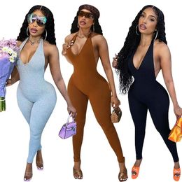 Women's Jumpsuits Rompers Casual Sportswear Lace Up Halter Black Grey Brown Jumpsuit Women Sexy Deep V Neck Backless Leggings Romper Overalls for Women 231202