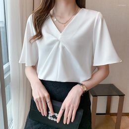 Women's Blouses Short Sleeve Chiffon Shirt 2023 Slim V-neck Cross Bubble Top Temperament Rm