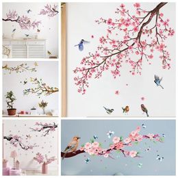 Wall Stickers Home Decoration|Living|Bedroom Multicolor Bird on Tree Branch Sticker Ornament Chinese Style Flower Blossom Decals 231202