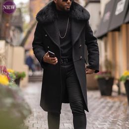 Men's Wool Blends Casual Woolen Coat 2023 Fall Winter Fashion Slim Double Breasted Young Men Solid Color Fur Collar Top 231202