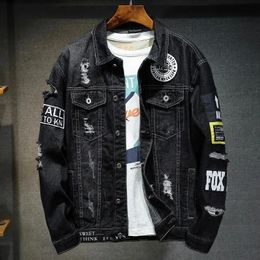 Men's Jackets Men Brand Denim Jacket Streetwear Punk Motorcycle Ripped Print Cowboy Coats High Quality Casual Hole Loose Male Jeans Outwear 231202