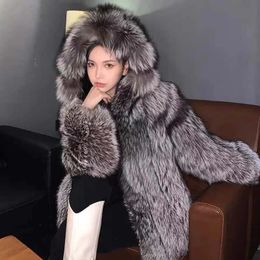 Womens Fur Faux High Quality Fox Coat Women Winter Hooded Plush Jacket Female Luxury Over Ladies Fluffy in Outerwears 231202