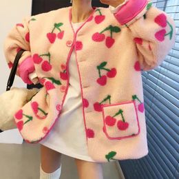 Women's Trench Coats Clothland Women Elegant Floral Padded Jacket Lamb Fur Reversible Two Side Wear Thick Pink Cute Coat Mujer CB041