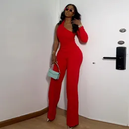 Women's Two Piece Pants Cutubly Sexy One Shoulder Long Sleeve Top Women Office Lady 2 Set Zipper Wide Leg Red SlimTrousers Suits Fall Clothe