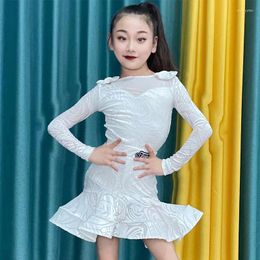 Stage Wear White Latin Dance Competition Dress For Girls Long Sleeves Ballroom Performance Costume Winter Cha NV18930