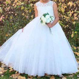 Girl Dresses Flower Elegant White Sleeveless Tulle Lace Bow Belt Ball Beauty Pageant First Communion Kids Dream Surprise Gift