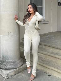 Womens Two Piece Pants Tossy Skinny Set Knitted Vneck Long sleeved Top and jumpsuit 2piece set Sexy Matching 231202