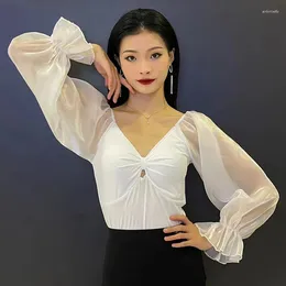 Stage Wear Ballroom Dance Clothes Women White Bubble Sleeves V Neck Tops Practise Waltz Performance Clothing Leotard BL12077