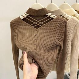 Women's Sweaters Half High Neck Knitted Bottom Shirt Women Clothing Winter Clothes Solid V-neck Sweater Sexy Top Cardigan Jacket Long Sleeve