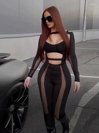 Women's Two Piece Pants 2023 Autumn Selling Nightclub Spicy Girls' Solid Color Hollow Out Mesh Spliced Long Sleeve Tight Jumpsuit