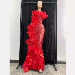 Stage Wear Luxury Red Crystal Evening See Through Mesh Dress Women Banquet Halter Rhinestone Feather Sexy Party Floor Length