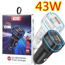 Fast Quick Charging 43W PD25W Dual Ports USb C PD Car Charger Auto Power Adapters LED Light For Iphone 11 12 13 14 15 Samsung S20 S23 S24 htc lg Android phone gps pc