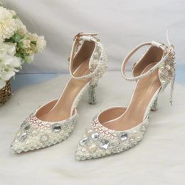 Sandals Tassel Crystal Womens Wedding Shoes Thin Heel Party Dress Fashion Woman High Pumps Ivory Pearl Ankle Strap