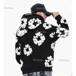 Falection Mens Readymade Denim Tears Flower Puff Printed Distressed Hoodie Sweatshirt Men Top Pullover 916