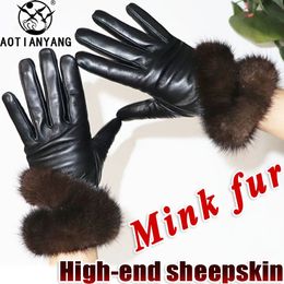 Fingerless Gloves High end sheepskin mink gloves leather rex rabbit fur women s winter driving riding touch screen genuine 2023 231202