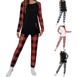 Women's Sleepwear Womens Christmas Round Neck Color Contrast Plaid Pajamas Set Holiday Pretty For Women Shorts