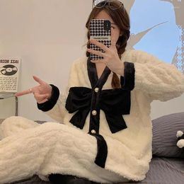 Women's Sleepwear Autumn Winter Ladies Soft Flannel Loungewear Coral Fleece Thickened Pyjamas Elastic Cuffs Cute Black Bow Fluffy Warm