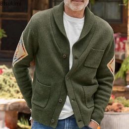 Men's Sweaters 2024 Coat Turn-Down Collar Knitwear Winter Sweater Cardigan Print Pockets Casual Outwear Warm Jacket For Men