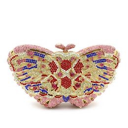 Beautiful Butterfly Pink Rhinestone Crystal Women Evening Clutch Purse Gold Metal Gemstone DesignerDinner Clutches Handbags194h
