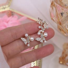 Stud Earrings Korea Fashion Jewellery 14K Real Gold Plating Zircon Butterfly Asymmetric Earring Elegant Pearl Women's Daily Accessories