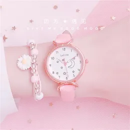 Wristwatches Fashion Round Quartz Cartoon Moon Star Dial Casual Wrist Watches Leather Strap For Women Fashionable Clock Waterproof