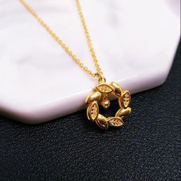 Chains Real Pure 18K Yellow Gold Chain Women Bead Leaf Circle Pendant O Link Necklace 3g