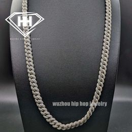 Custom Luxury Hiphop Chain 10mm S925 Silver White Gold Plated Box Clasp Tester Pass 2 Rows Round Cut Moissanite Cuban Necklace