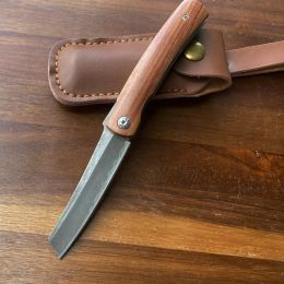 New Triple Steel Tanto / Drop Point Blade Red Sandalwood Handle Folding Pocket Knife with Leather Sheath Survival Knives Camping Portable EDC Tools