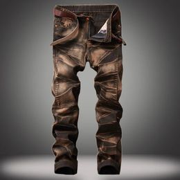 Mens Jeans High Quality Men Casual Midrise Coated Slim Straight Pleated Biker Pants Male Denim Plus Size 42 231202