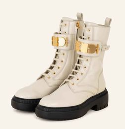 Winter Top Brand graphy Women Combat Boots Gold Lettering Strap Round Toe Black White Leather Booties Lady Comfort Martin Booties EU35-40