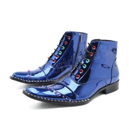 Korean Style Men Boots Pointed Toe Blue Genuine Leather Ankle Boots Men Lace-up Leather Ankle Botas Hombre