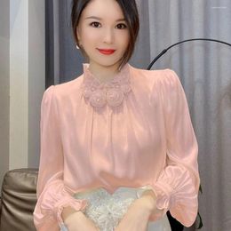 Women's Blouses Spring Office Lady Temperament Floral Three-dimensional Decoration Solid O-neck Chiffon Petai Full Sleeves Shirt Oversized