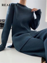 Womens Two Piece Pants REALEFT autumn and winter twopiece womens knitted track suit half necked sweater wide leg jogging pants set 231202