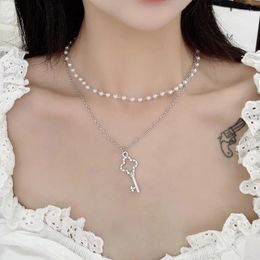 Pendant Necklaces Elegant Double Layers Key For Women Girl Pearl Beads Statement Choker Necklace Wedding Party Jewelry Gift