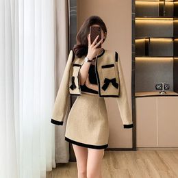 Two Piece Dress Korean Chic Vintage Small Fragrance Tweed Spliced Bow Short Coat Sweet A Line High Waist Skirt Suit Womens Two Peice Sets 231202