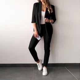 Women's Two Piece Pants FSMG Fashionable Five-Quarter Sleeve Solid Colour Blazer Top And Comfortable Set For Spring Autumn Casual Pant Suit