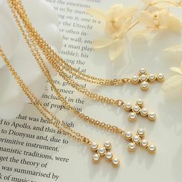 Pendant Necklaces Classic Fashion Retro Cross Necklace For Women Stainless Steel Temperament Imitation Pearl Inlaid High Quality Jewellery