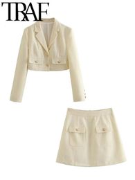 Two Piece Dress TRAF Beige Tweed Blazer Women Suits Buttons Slim Crop Top Long Sleeve Office Jacket Autumn Female Mini Skirt Sets 231202
