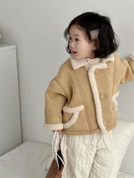 Jackets 2023 Winter Baby Long Sleeve Lamb Fleece Coat Boy Girl Plus Velvet Thicken Warm Clothes Infant Toddler Fashion Lapel Jacket