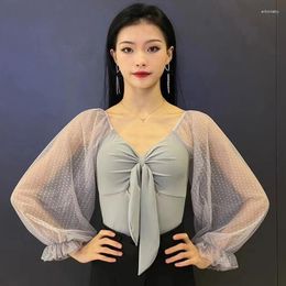 Stage Wear Grey Ballroom Dance Tops V Neck Mesh Bubble Sleeves Leotards Adult Rumba Latin Practise Clothes Waltz Dancewear L12083