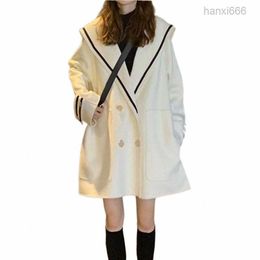 Jackets Autumn Female Mid-long Korean Style Solid Warm Outerwear Lady Faux Wool Navy Lapel Woollen 044d#