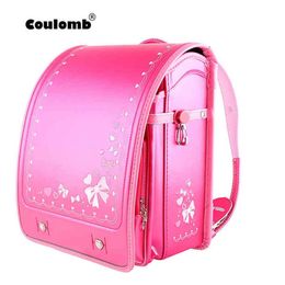 Coulomb High Quality Children Girls Kid Orthopaedic Backpack School Students Bookbags Japan PU Cute Bowknot Randoseru Baby Bags 211251g