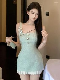 Casual Dresses Korean Sweet Small Fragrance Tweed For Women 2023 French Fashion 3D Flower Summer Dress Sexy Tank Party