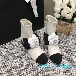 Women Designer Leather Boots Camellia Bow Colored Short Boots Round Toes Thick Heels Autumn and Winter