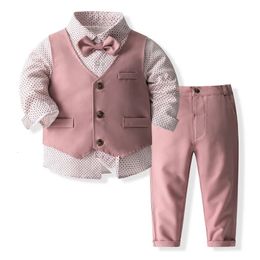 Suits Boys Gentleman Tuxedo Bow Tie Shirt Suit Vest Pants 4 Pcs Children Toddler Baby Clothes Outfit Baptism Birthday 231204