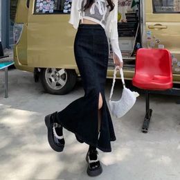 Skirts Y2k Fishtail Split Denim Long Skirt Summer Vintage Ruffled Woman Small High Waist Slim Midi Girly Fashion Clothing