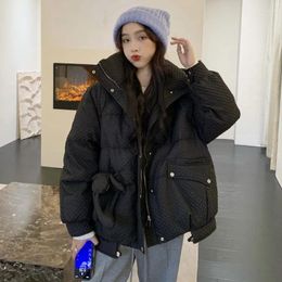 Women's Down 2023 Stand Collar Solid Loose Winter Jackets Women Korean Pockets Zipper Parkas Warm Thicken Outwear Bubble Coat